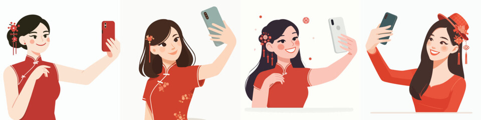 vector half body of woman standing happily taking selfie photo during Chinese New Year
