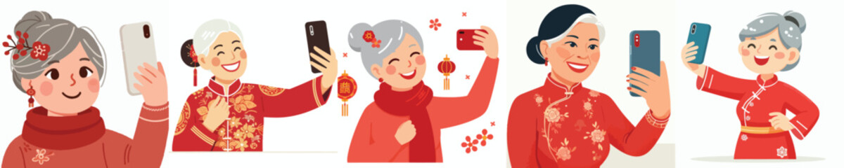 vector half body of grandmother standing happily taking selfie photo during Chinese New Year