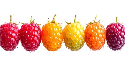 Vibrant row of colorful, ripe berries against a clean white backdrop