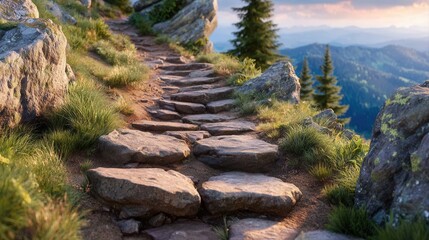 Serene mountain hiking trail with stone steps and lush greenery