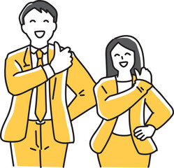 笑顔でグッドポーズをとる男女社員