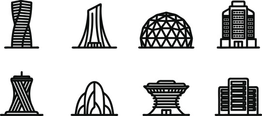 Set of modern city buildings and skyscrapers in various architectural styles and designs  urban landscape elements