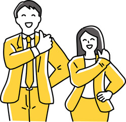 笑顔でグッドポーズをとる男女社員