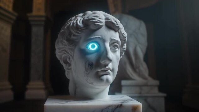 A classical marble bust with a glowing, futuristic eye is displayed on a marble block