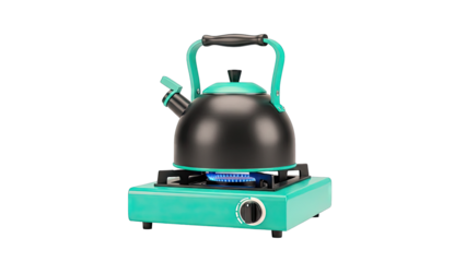 Teal and Black Kettle on a Teal Gas Burner with Blue Flame