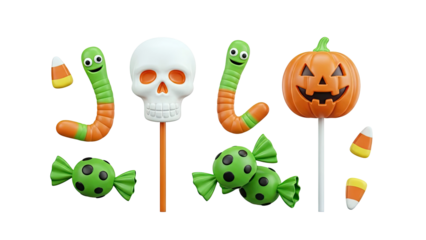 Halloween Candies and Character Lollipops on White Background