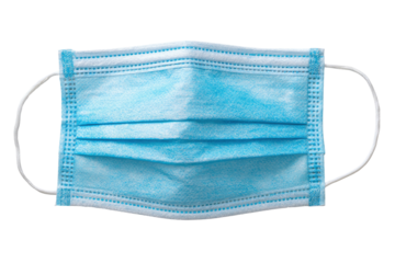 Blue pleated surgical mask with white elastic bands on black