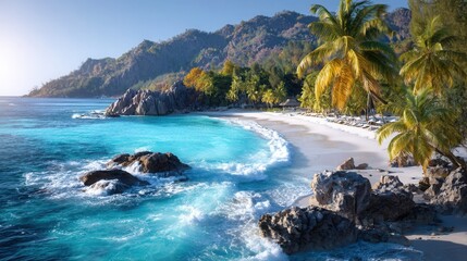 Serene tropical beach with palm trees and crystal clear waters