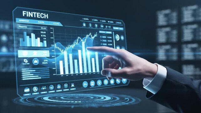 Fintech dashboard with glowing analytics interface businessman hand pointing interactive bar chart and line graph futuristic data visualization and financial metrics showing rising trend transparent