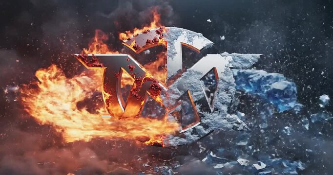 Dynamic clash of fire and ice with fragments dispersing in a dramatic background