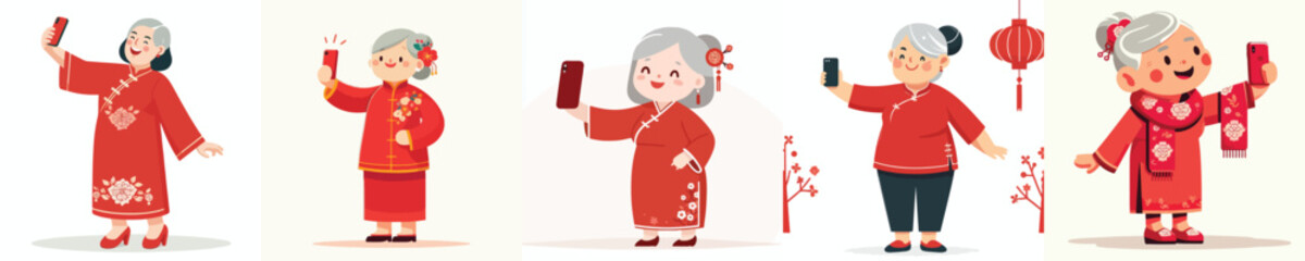 vector grandmother standing happily taking selfie photo during Chinese New Year