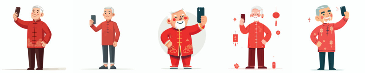 vector grandfather standing happily taking selfie photo during Chinese New Year