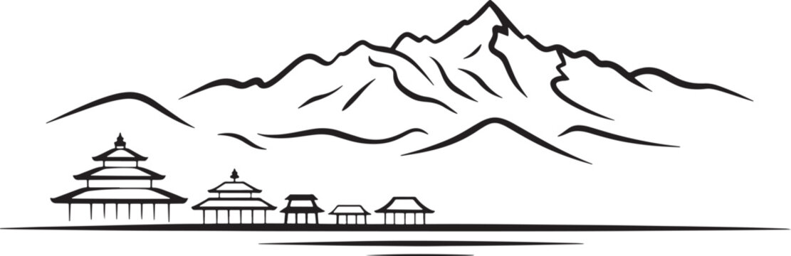 Himalayan mountain range landscape with traditional buddhist temples and pagodas below