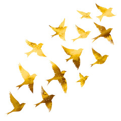 Flock of golden birds in graceful flight symbolizing freedom and harmony isolated on a white or transparent background