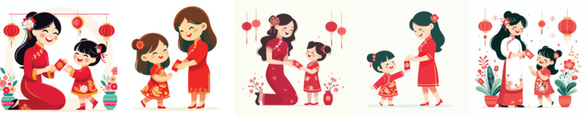 vector of mother giving red envelopes to Chinese New Year children