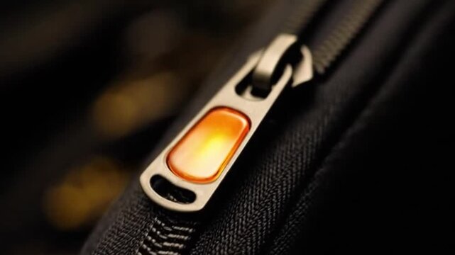 Close-up of a zipper on dark fabric with a metallic pull and an orange-tinted accent