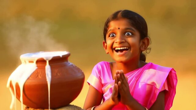 Genuine reaction shot of a delighted tamil girl in a traditional silk dress clapping as she witnesses the pongal pot boiling over in the morning sun concept of childhood wonder during cultural rituals