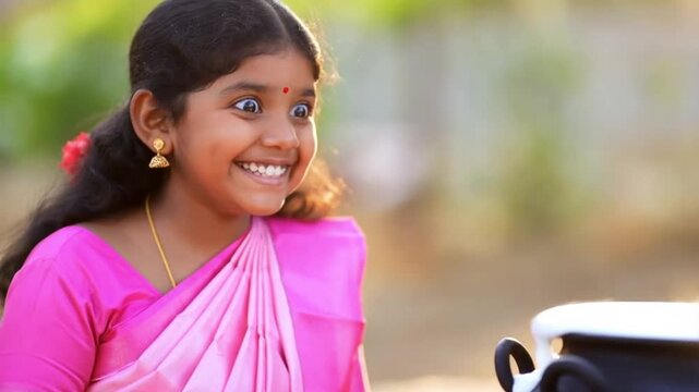Genuine reaction shot of a delighted tamil girl in a traditional silk dress clapping as she witnesses the pongal pot boiling over in the morning sun concept of childhood wonder during cultural rituals