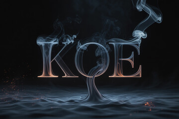 Smoke letters KOE rising from water with dark background