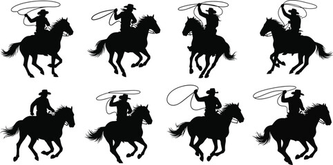 Repeating cowboy on horseback silhouettes various poses on transparent background
