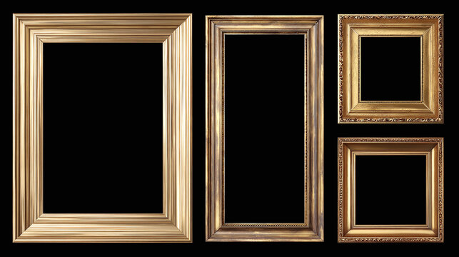 A collection of elegant antique picture frames against a stark background, showcasing classic design and craftsmanship