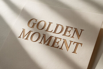 Golden moment embossed on elegant white card with soft shadows