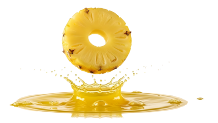 Vibrant golden pineapple ring drops dramatically into swirling, splashing tropical juice, creating an energetic visual feast.