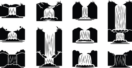 Collection of waterfall silhouettes in varying designs on transparent background © mst