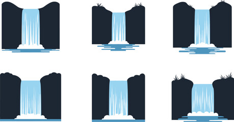 Collection of waterfall silhouettes with varying designs on transparent background © mst