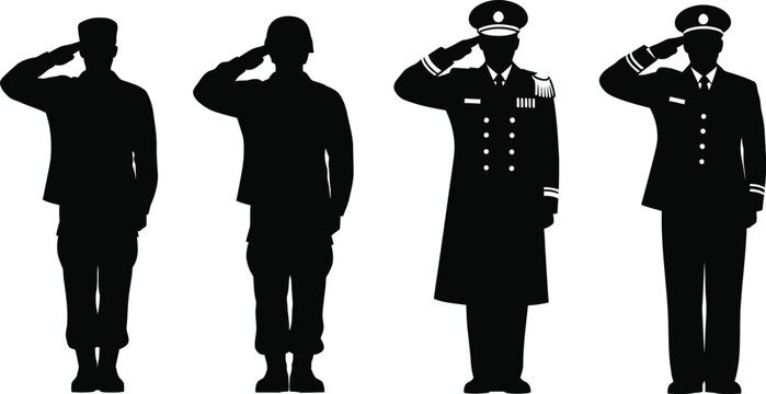 Four military personnel saluting a respectful gesture on transparent background silhouette