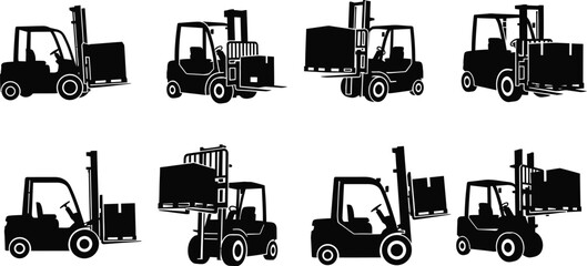 Collection of forklift trucks in various poses on transparent background silhouette