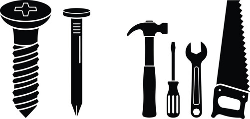 Black construction tools including screw hammer saw and wrench on transparent background silhouette
