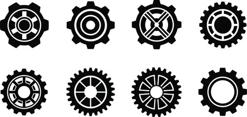 Collection of black gear icons with varied designs on transparent background silhouette