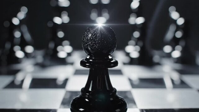 A singular black chess pawn stands prominently on a chessboard, lit with ethereal glow