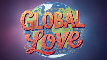 Global love text art with earth illustration representing unity and connection perfect for social media campaigns and inspirational designs