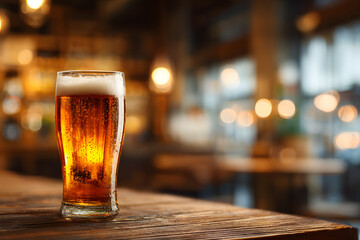 Glass of Cold Beer with Foam on Wooden Table in Cozy Bar Interior