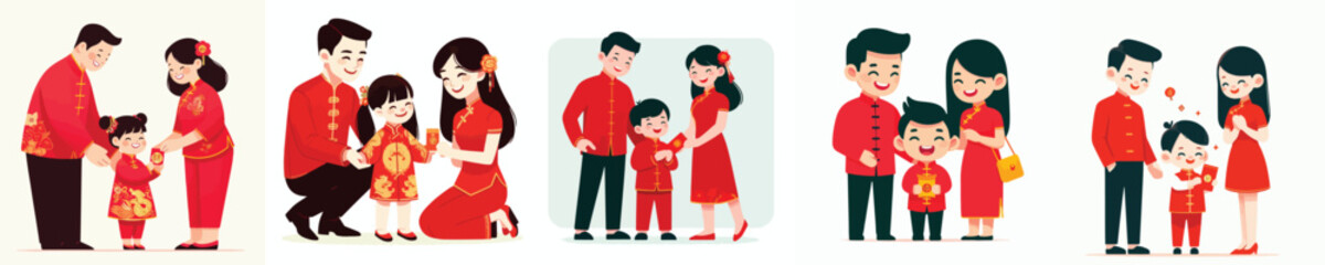 vector of parents giving red envelopes to Chinese New Year children
