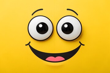 Exaggerated wide eyed happy cartoon face graphic illustration with a big open smile displayed prominently against a solid bright yellow background