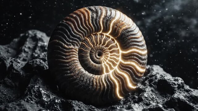 A glowing ammonite fossil spirals outward, atop textured rock, set against a dark starry cosmic background