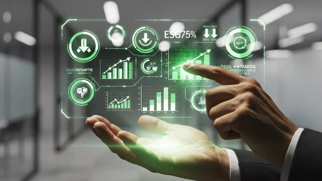Futuristic business holographic dashboard combining green financial chart analytics panel with ESG metric growth graph and interactive download enabled data visualization above open hands holding