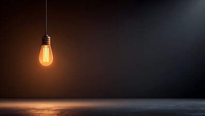 Glowing Vintage Light Bulb Hanging Against Dark Background with Copy Space