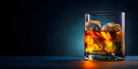 Glass of Whiskey with Ice Cubes on Dark Background and Dramatic Lighting
