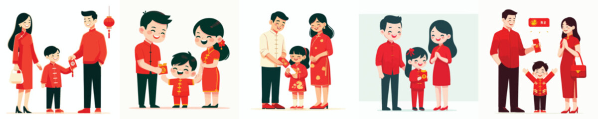vector of parents giving red envelopes to Chinese New Year children