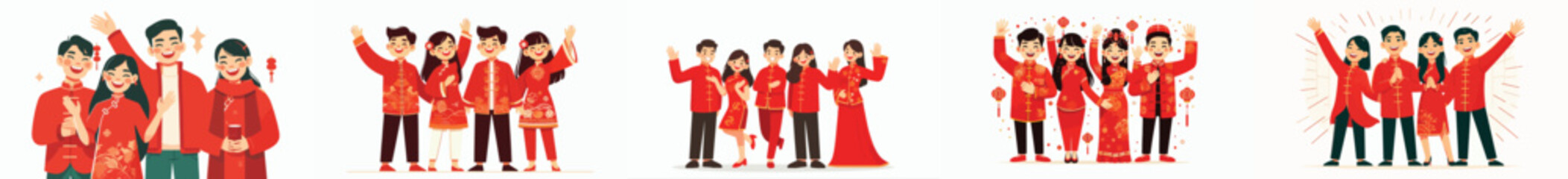 vector of happy friends raising their hands celebrating Chinese New Year