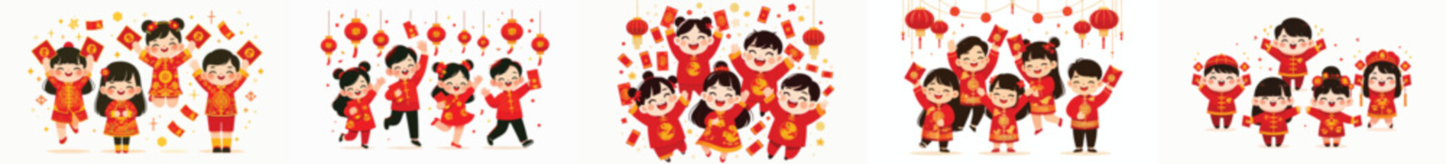 vector of happy children celebrating Chinese New Year while holding red envelopes