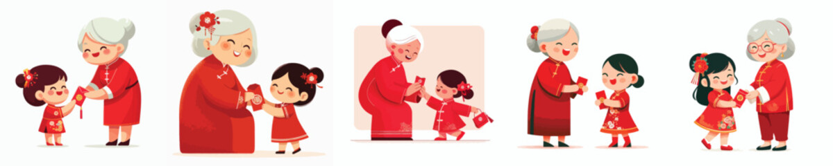 vector of grandmother giving red envelopes to Chinese New Year grandchild