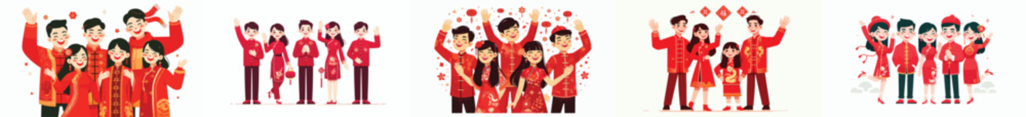 vector of happy friends raising their hands celebrating Chinese New Year