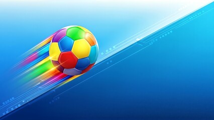 Dynamic multi-colored soccer ball in high-speed motion on a vibrant blue abstract sport background, ideal for a competitive banner, poster Template design with ample copy space
