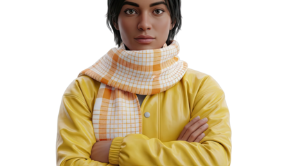 Woman in Yellow Jacket and Plaid Scarf