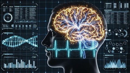 Electrified brain neural network glowing with electric signals and glowing neural pathways, electrocardiogram heartbeat overlay human head profile, neon neural network brain with electric synapses - Powered by Adobe